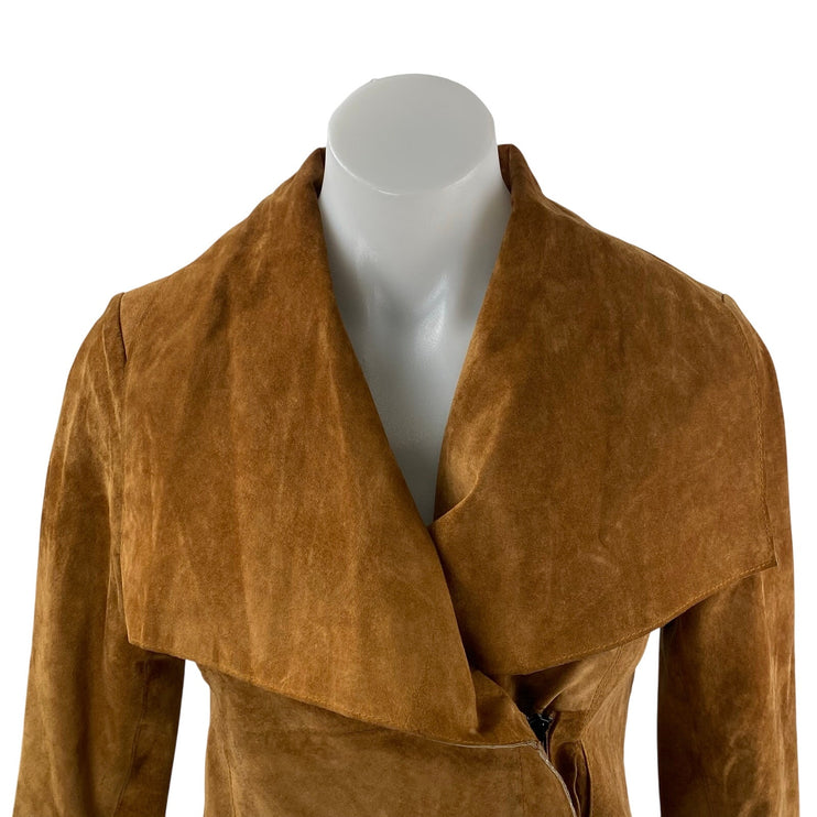 Women's Brown 100% Genuine Leather Long Sleeve Collared Crop Moto Coat Jacket S
