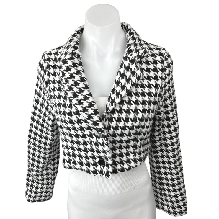 TCEC Black White Houndstooth Wool Tweed Button Crop Blazer Coat Jacket Top Sz M