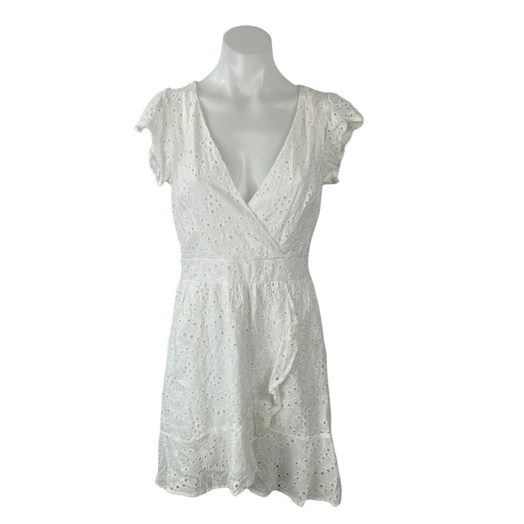 NEW Japna White Floral Eyelet Embroidery V Neck Mini Flare A-Line Wrap Dress M