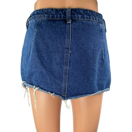 Edikted Women's Blue Frayed Raw Hem Distressed Mini Denin Jeans Skirt Skort Sz L