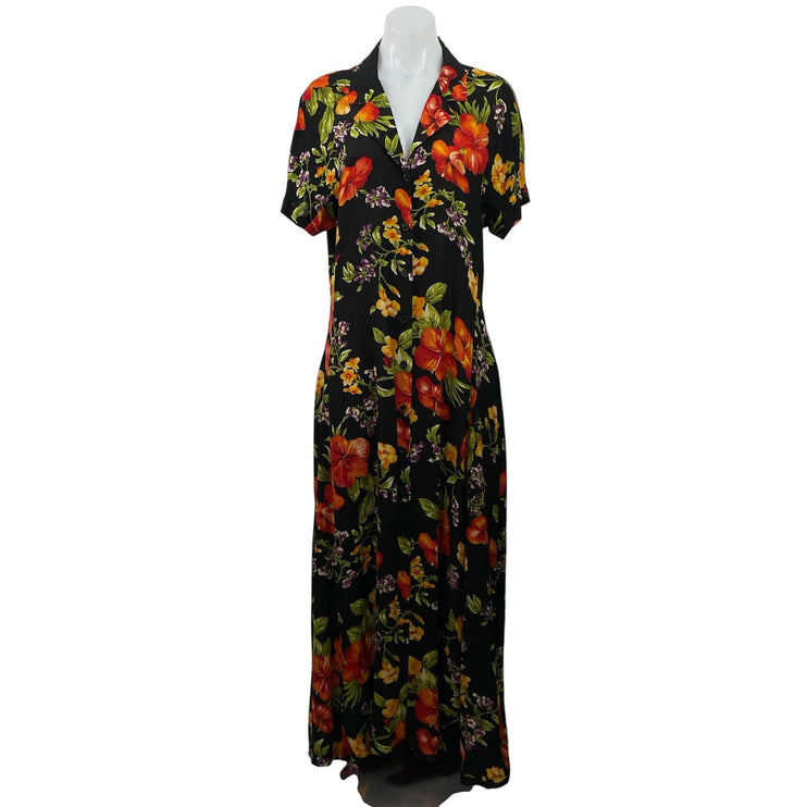 Jones New York Black 100% Silk Floral V Neck Button Up Maxi Shirt Dress Size 12