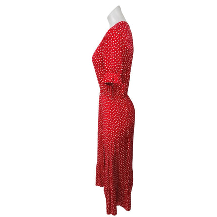 Zara Red Polka Dots V-neck Short Puff Sleeve Ruffle Hem Slit Midi A-line Dress S