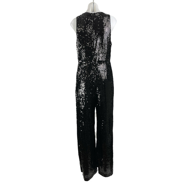 If By Sea Women's Black Sleeveless Sequin Tie Plunging V-Neck Romper Jumpsuit L