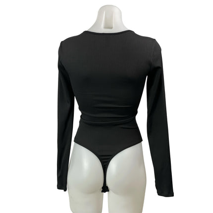 Free People FP Intimately Black Ribbed Knit Long Sleeve Thong Bodysuit Top XS