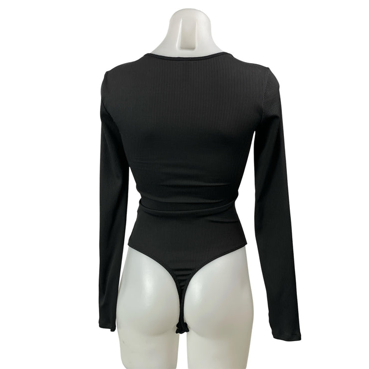 Free People FP Intimately Black Ribbed Knit Long Sleeve Thong Bodysuit Top XS