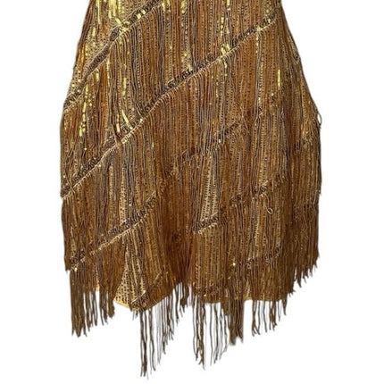 Gold Sleeveless Halter Fringe Sequin Cutout Gatsby Mini Bodycon Dress Size XL