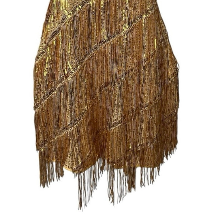 Gold Sleeveless Halter Fringe Sequin Cutout Gatsby Mini Bodycon Dress Size XL