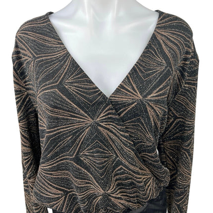 VICI Black Bronze Metallic Glitters Faux Wrap Long Sleeve Blouse Top Bodysuit XL