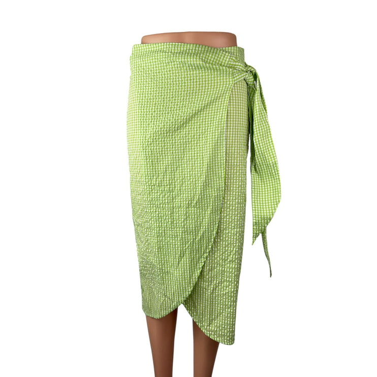 NEW Monki Women's Green Gingham Check High Rise Asymmetric Midi Wrap Skirt Sz 36