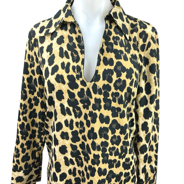 Zara Multicolor Leopard Animal Print V-neck Long Sleeve Collar Shift Dress Sz S