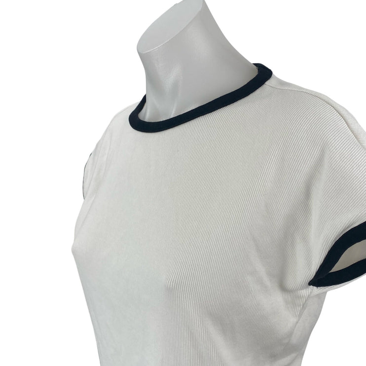 MNG Mango Women's White Short Sleeve Crew Neck Ringer Tee Basic T-Shirt Top Sz M