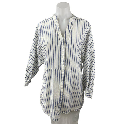 ZARA White Blue Striped V Neck 3/4 Sleeve Button Down Tunic Shirt Blouse Top XS