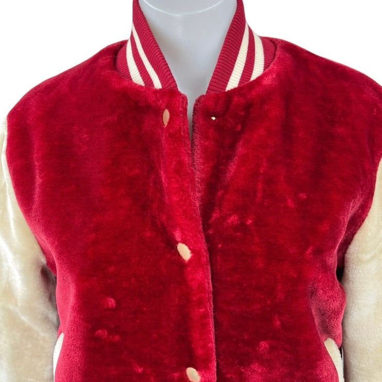 Dance & Marvel Red Velvet Velour Snap Button Down Varsity Bomber Coat Jacket S