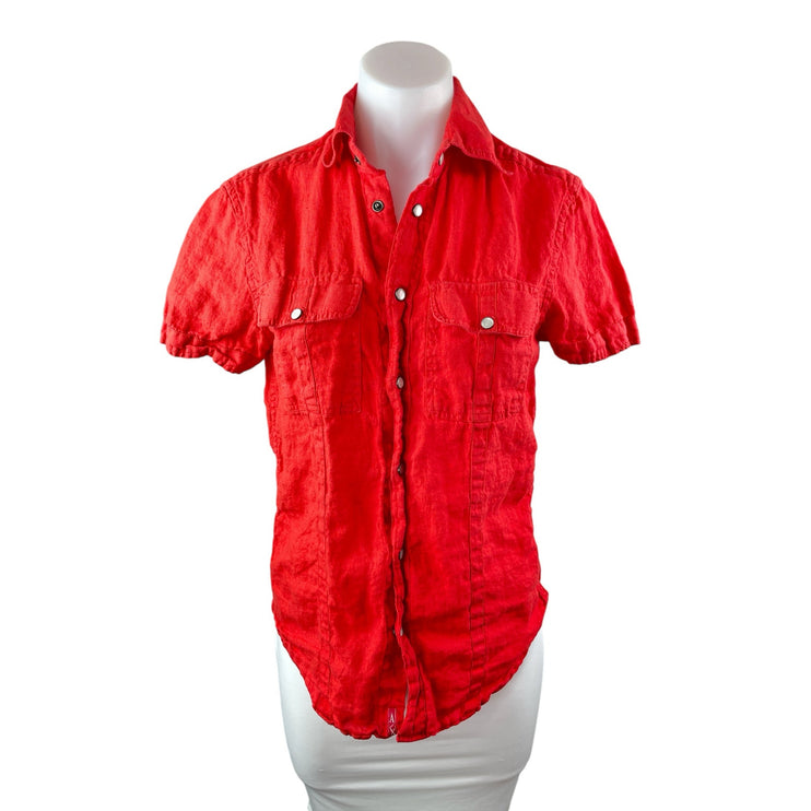Armani Exchange Red 100% Linen Short Sleeve Pocket Button Down Shirt Top Sz XS