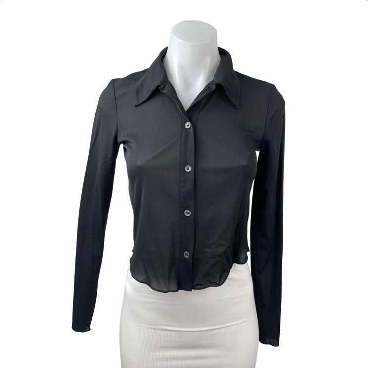 Aritzia Wilfred Women's Black Long Sleeve Cropped Button Down Shirt Top Size S