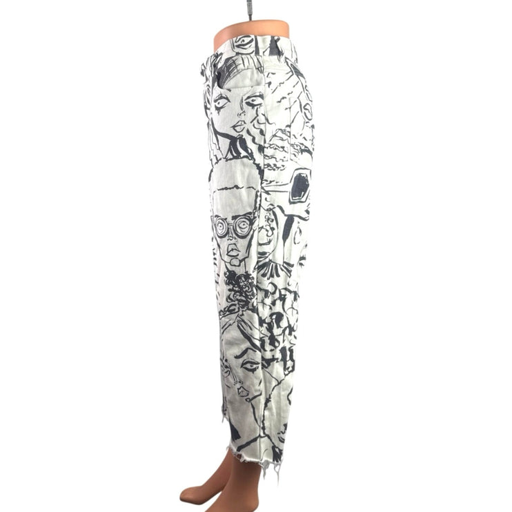 The Kit Alexa White Line Art Raw Frayed Hem Straight Wide Leg Trousers Pants 12