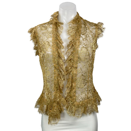 Ralph Lauren Women's Gold Floral Lace Sheer Mesh Ruffle Blazer Blouse Top Size 6
