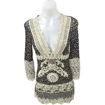 Passion Concept Multicolor Leopard Print Lace Jeweled Long Sleeve Mini Dress S