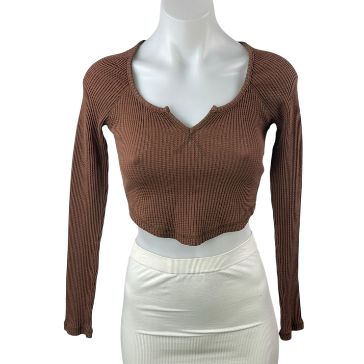 Urban Outfitters BDG Brown Waffle Knit Long Sleeve Blouse Thermal Crop Top Sz M