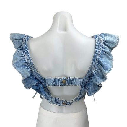 River Island Blue Sleeveless Ruffle Ruched Cut Out Denim Jeans Crop Top Size 6