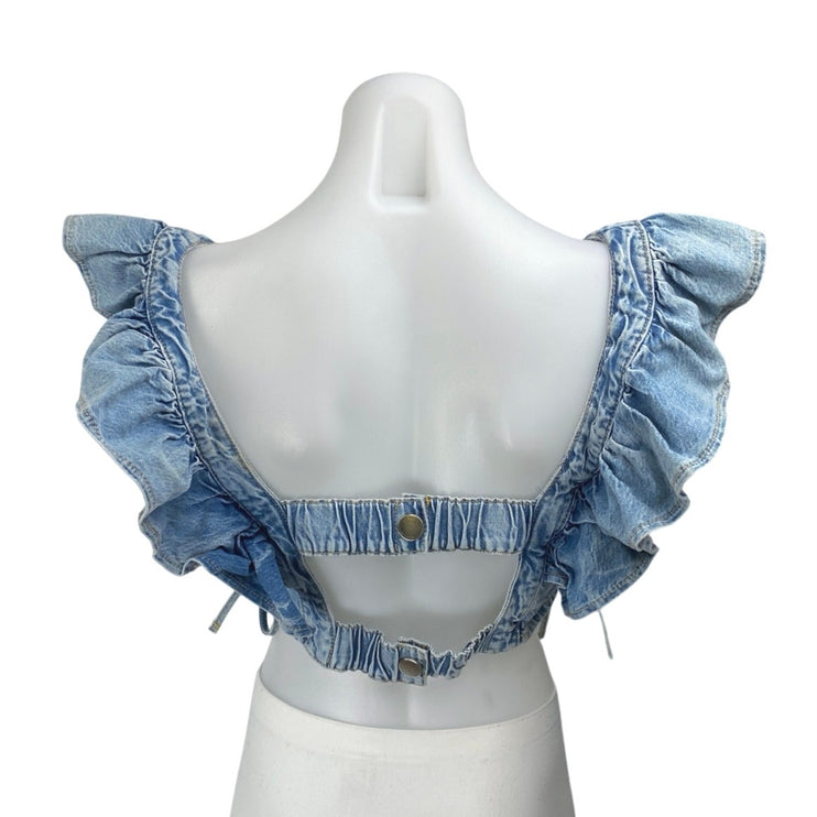 River Island Blue Sleeveless Ruffle Ruched Cut Out Denim Jeans Crop Top Size 6