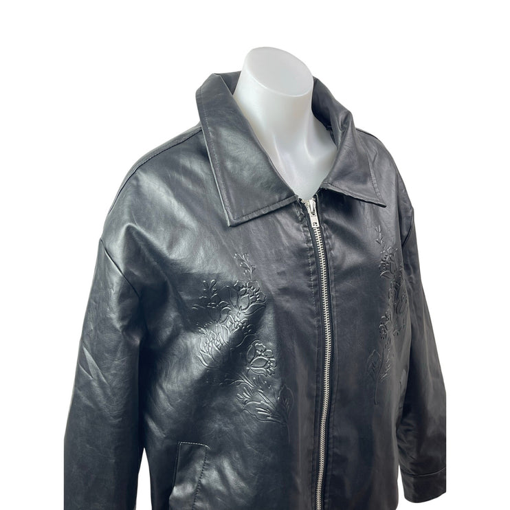 Fashion Nova Oversized Black Embossed Floral Vegan Leather Bomber Coat Jacket M