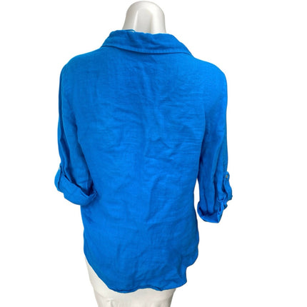 Zara Blue 100% Linen Half Sleeve Pocket V Neck Button Front Shirt Top Size S