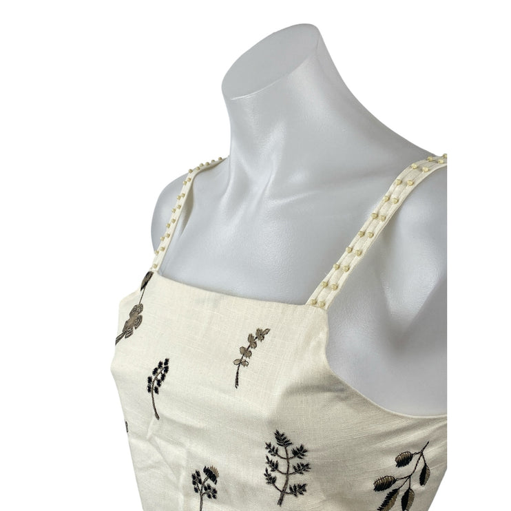 Zara Women's Cream Beaded Embroidered Leaf Sleeveless Tie Cami Crop Top Size L