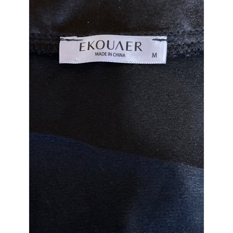 Ekouaer Women's Black Silky Satin Short Sleeve Wide Leg Loungewear Pajama Set M