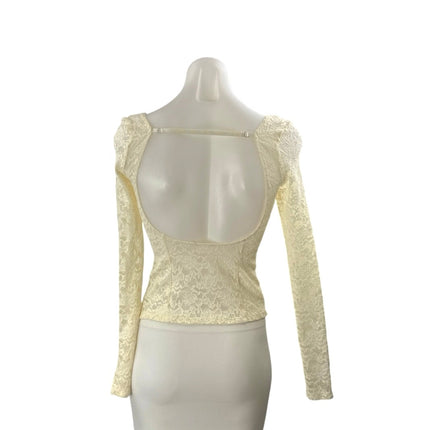 Women's Cream Floral Lace Bustier Corset Long Sleeve Backless Blouse Top Size S