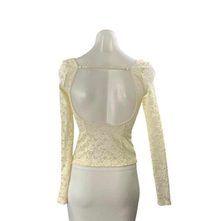 Women's Cream Floral Lace Bustier Corset Long Sleeve Backless Blouse Top Size S