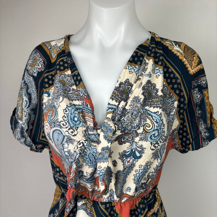 H&M Multicolor Handkerchief Scarf Paisley Tie V-Neck Short Sleeve Mini Dress 2