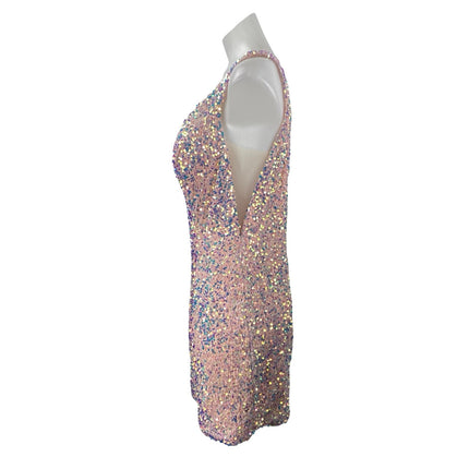 Sherri Hill Pink Sequin Sparkly Shimmer Party Vneck Open Back Mini Tank Dress 16