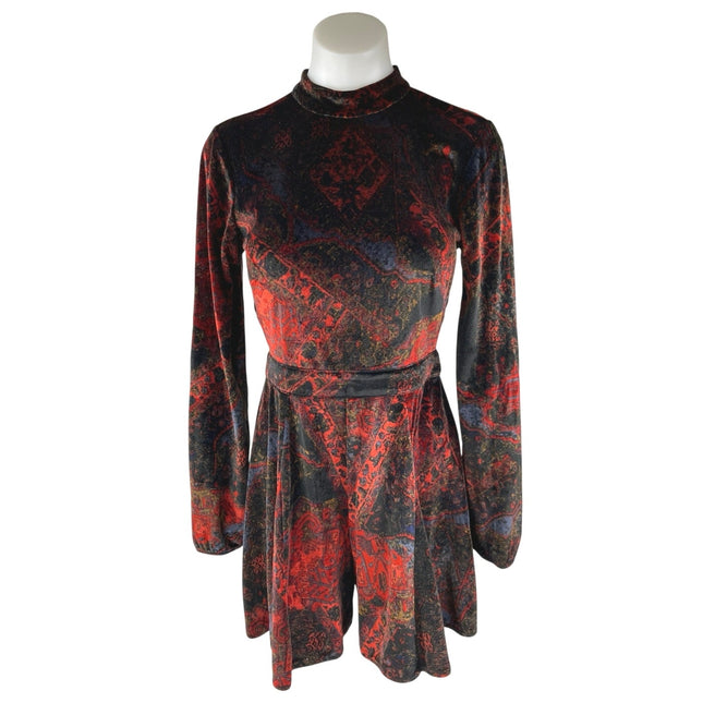 Free People Onyx Red Black Velvet Velour Cutout Long Sleeve Jumpsuit Romper 0