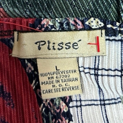 Plisse Red Corduroy Floral Patchwork Long Sleeve Button Up Blouse Top Size L