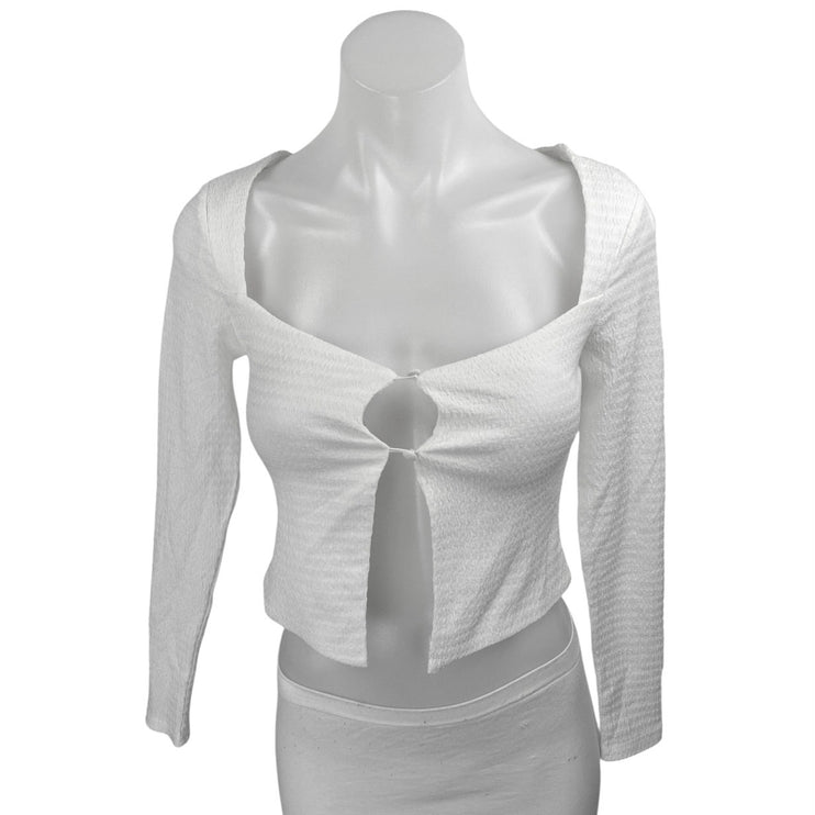 Princess Polly White Long Sleeve Button Front Split Cardigan Crop Top Size 2