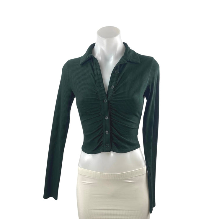 Reformation Green Ribbed Ruched Long Sleeve  Collared Crop Tee T-Shirt Top Sz XS