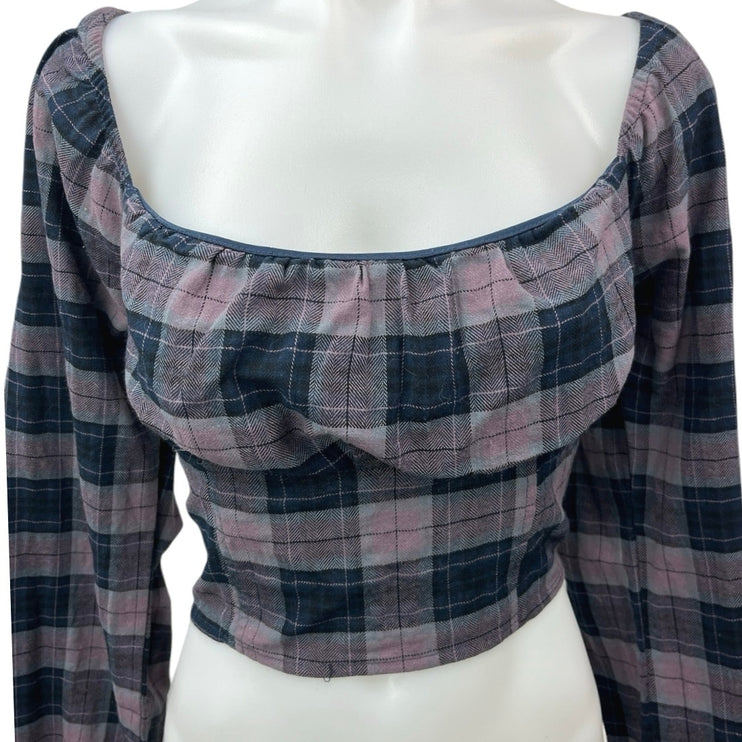 Wild Fable Black Pink Plaid Checkered Smocked Long Sleeve Crop Top Size M