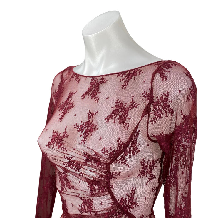 Free People Full Bloom Red Layering Mesh Sheer Lace Long Sleeve Blouse Top Sz XS
