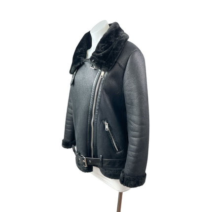 Ly Varey Lin Women's Black Faux Leather Fleece Moto Biker Aviator Jacket Size S