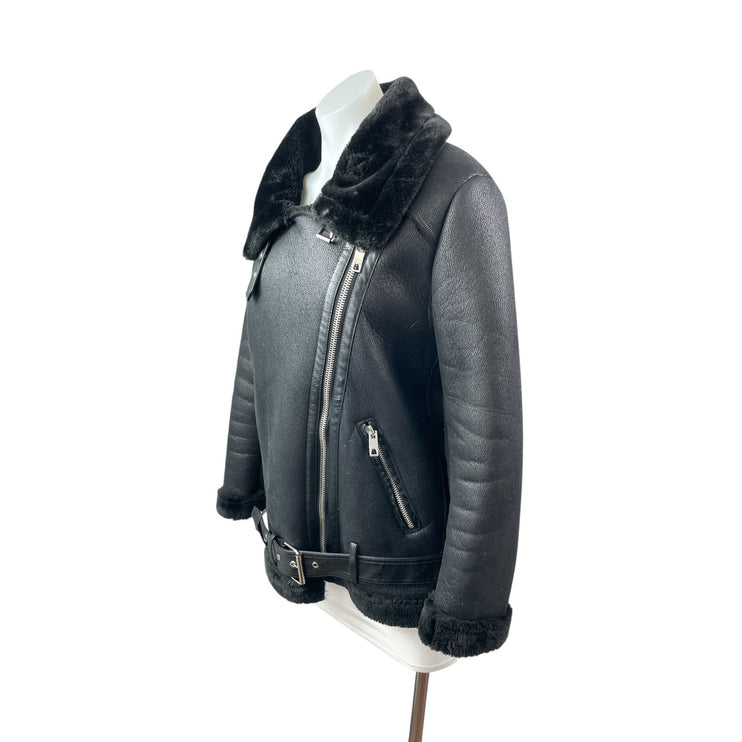 Ly Varey Lin Women's Black Faux Leather Fleece Moto Biker Aviator Jacket Size S