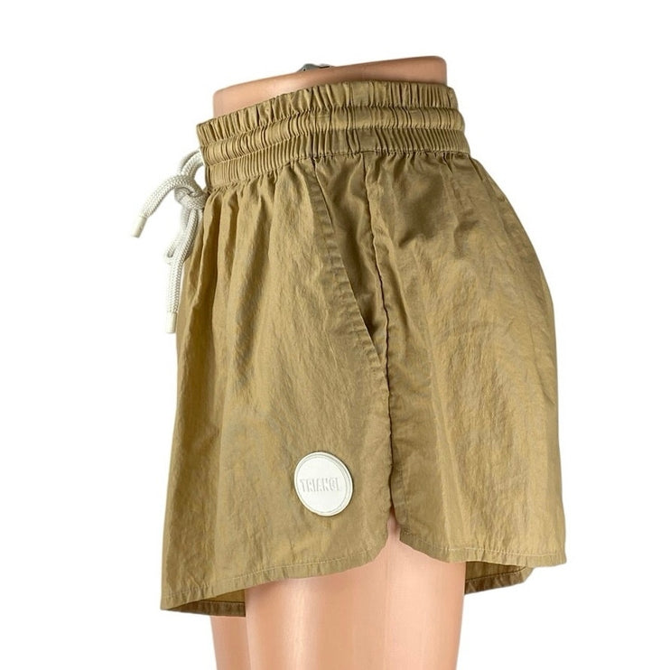 Triangl Women's Gold Tan Elastic High Waist Wide Leg Mini Windbreaker Shorts M