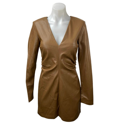 Zara Women's Brown Faux Vegan Leather V-neck Long Sleeve Mini Bodycon Dress Sz S