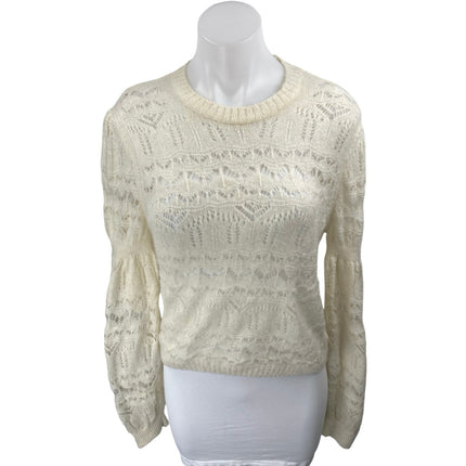 Zara Women's Cream White Lace Crochet Long Sleeve Crewneck Sheer Sweater Top M