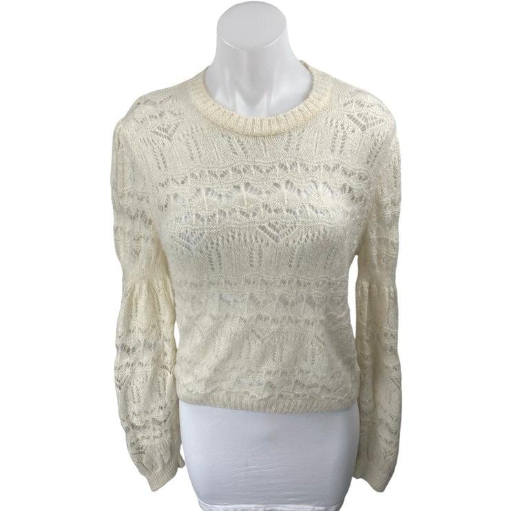 Zara Women's Cream White Lace Crochet Long Sleeve Crewneck Sheer Sweater Top M