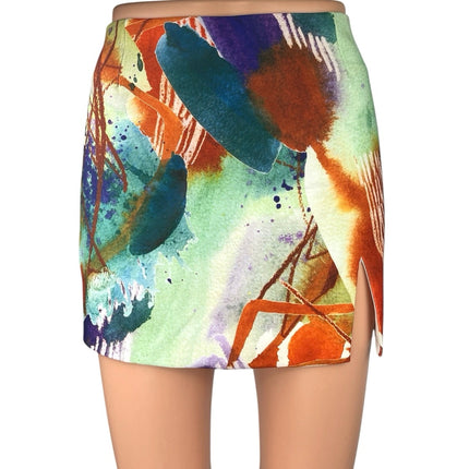 Tiger Mist Multicolor Watercolor Paint Abstract High Waist Mini Skirt Size M