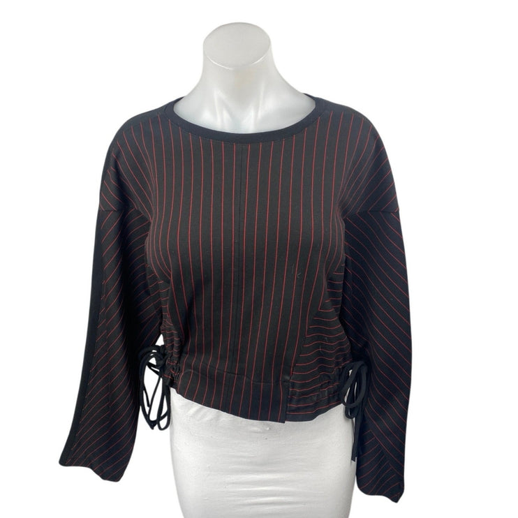 Zara Black Red Striped Long Dolman Sleeve Drawstring Cropped Sweater Top Size M