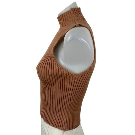 Zara Womens Brown Ribbed Knit Turtle Neck Sleeveless Casual Slim Crop Tank Top S