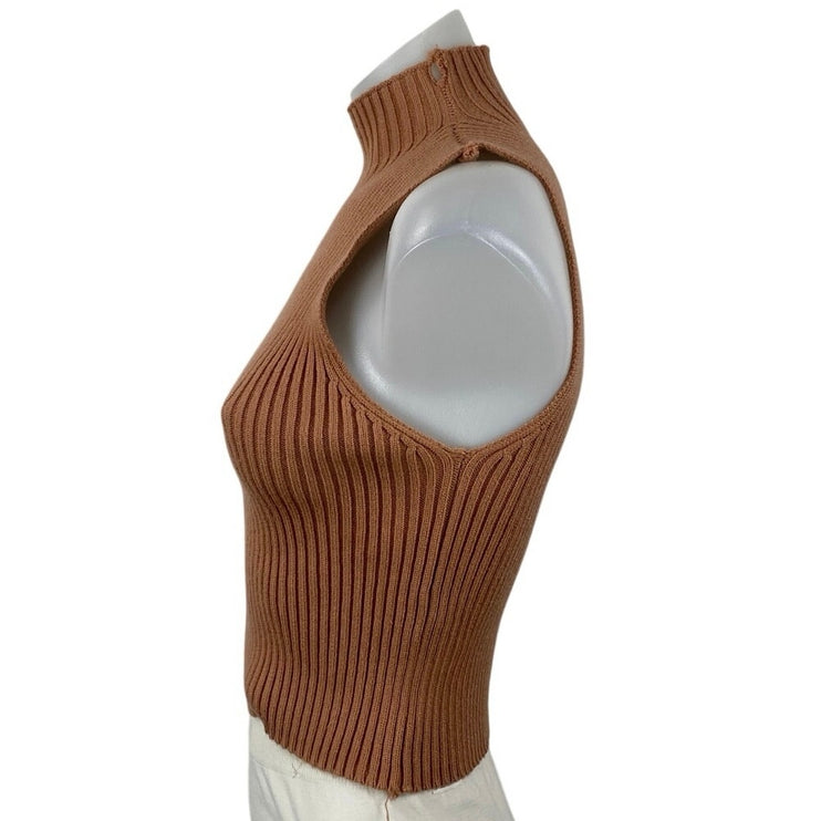 Zara Womens Brown Ribbed Knit Turtle Neck Sleeveless Casual Slim Crop Tank Top S