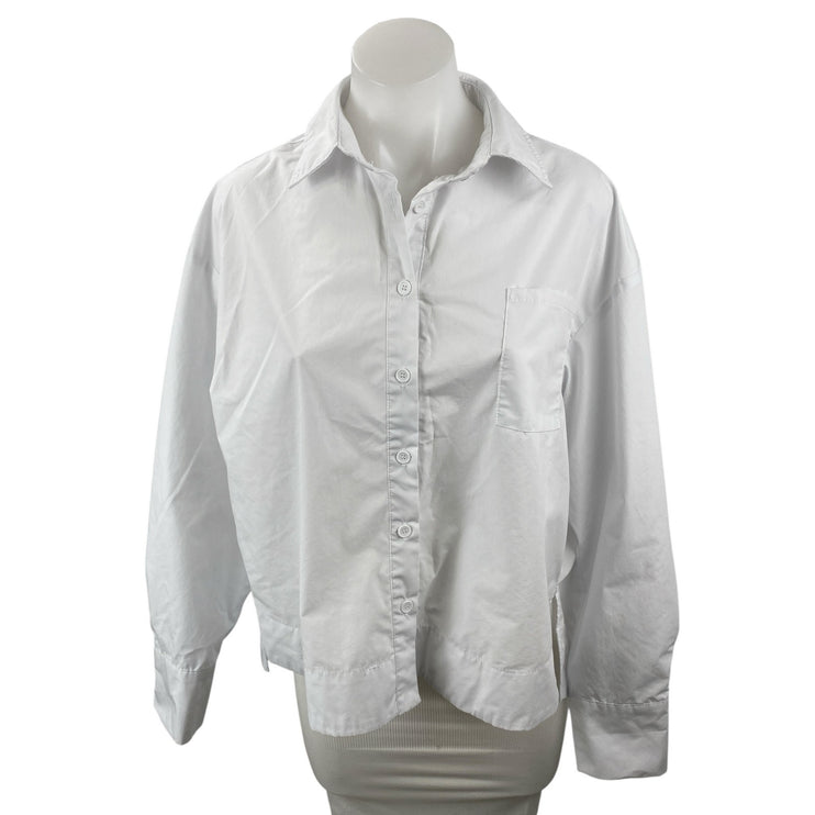 JN Junnou Women's White Long Sleeve Chest Pocket Button Down Shirt Top Size L